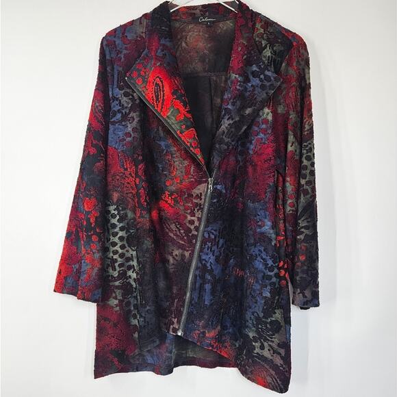 Calessa Velour Print Burnout Knit Draped Asymmetric Zip Front Cardigan - Picture 6 of 13
